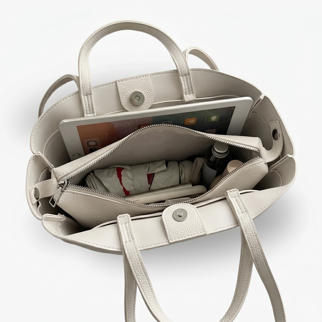 Beige handbag with items inside on a white background