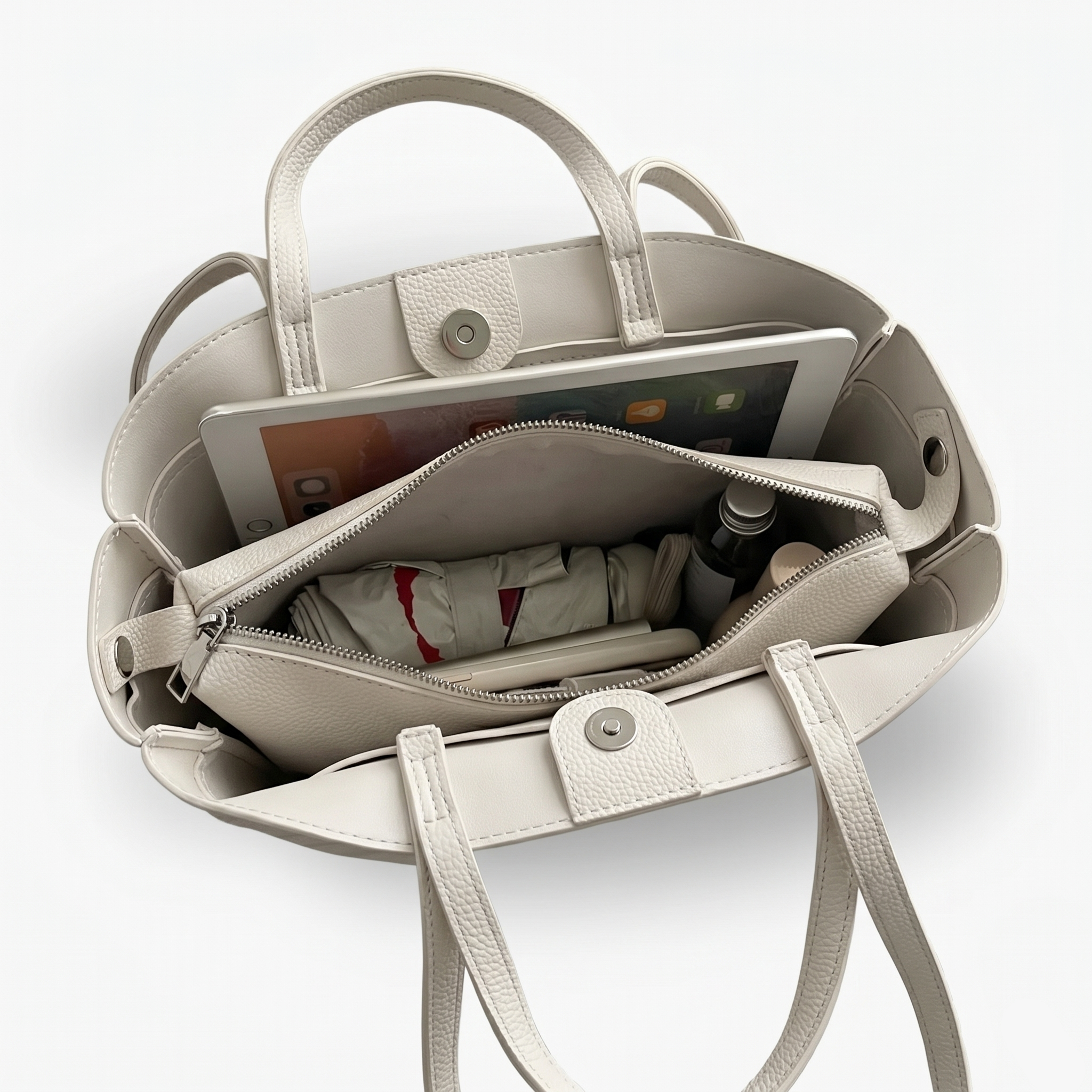 Beige handbag with items inside on a white background